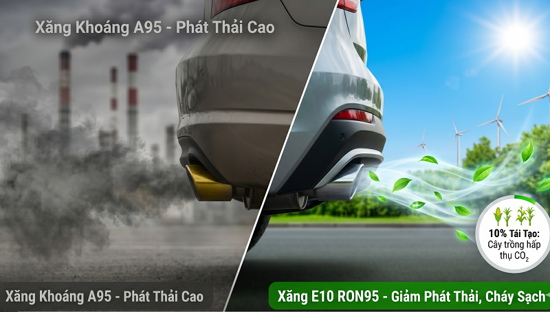 Xăng E10 chứa lượng oxy cao giúp đốt cháy nhiên liệu triệt để, giảm thiểu tối đa khí thải độc hại CO và HC